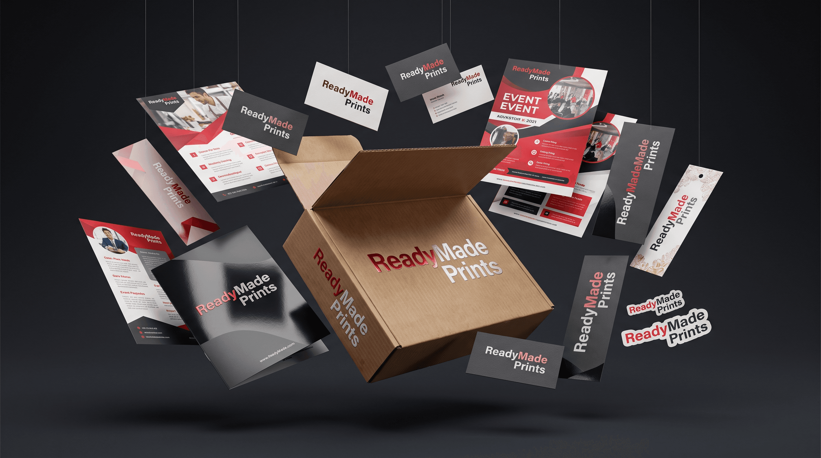 Printed products by ReadyMade Prints: brochures, business cards, stickers, hang tags and a branded mailer box